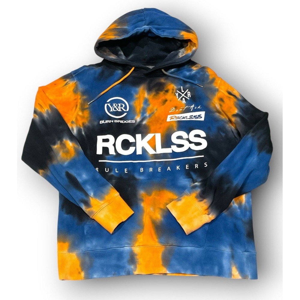 Young & Reckless Y&R Hoodie Mens Large Blue Orange Tie Dye RCKLSS Pullover New